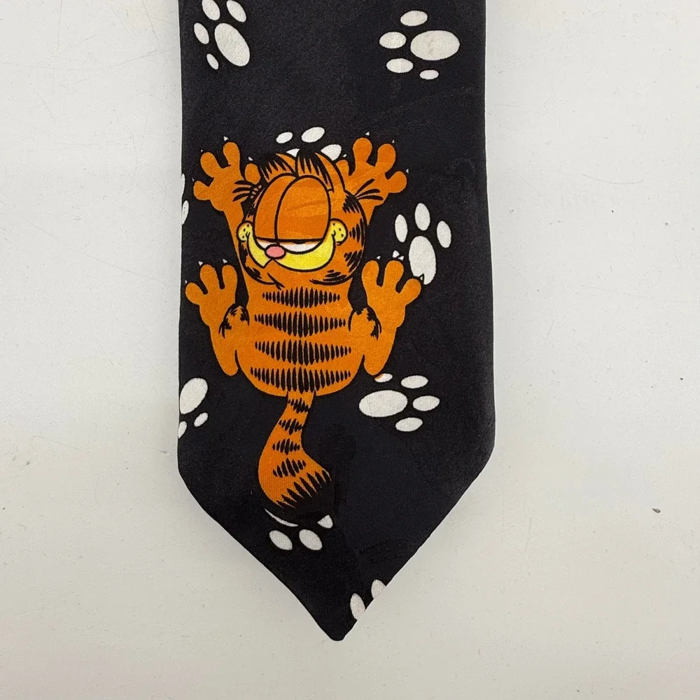 Vintage Garfield Paws Addiction Black Paw Print Graphic Necktie Mens Accessory